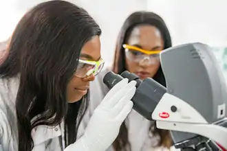 Woman and microscope